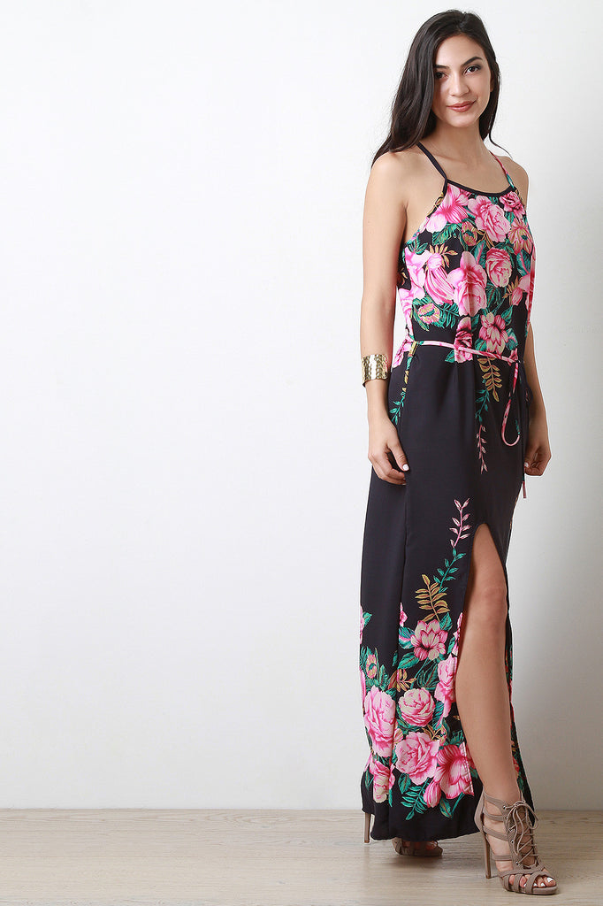 Floral Print High Slit Sleeveless Waist-Tie Maxi Dress