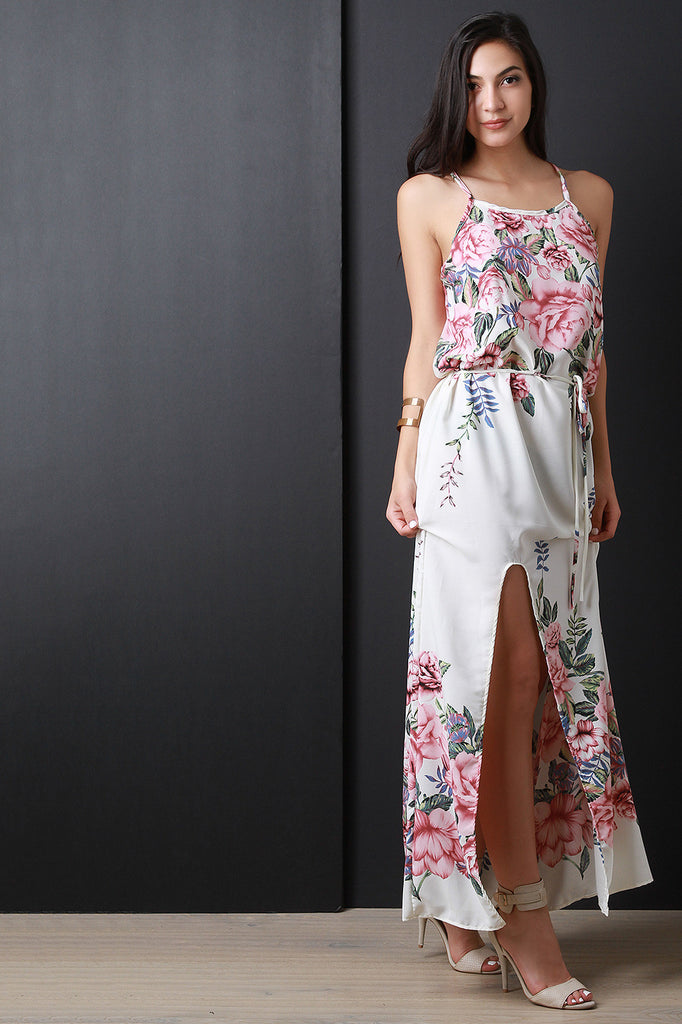 Floral Print High Slit Sleeveless Waist-Tie Maxi Dress