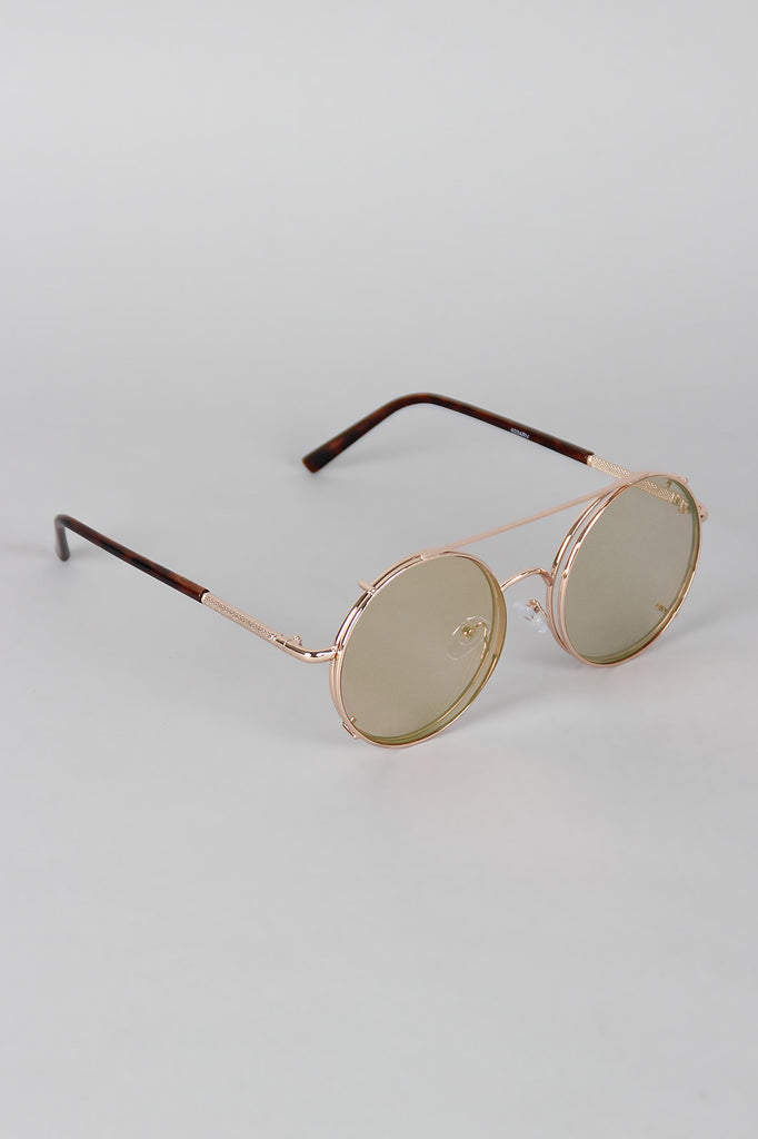 Metallic Trim Round Frame Clip-On Sunglasses