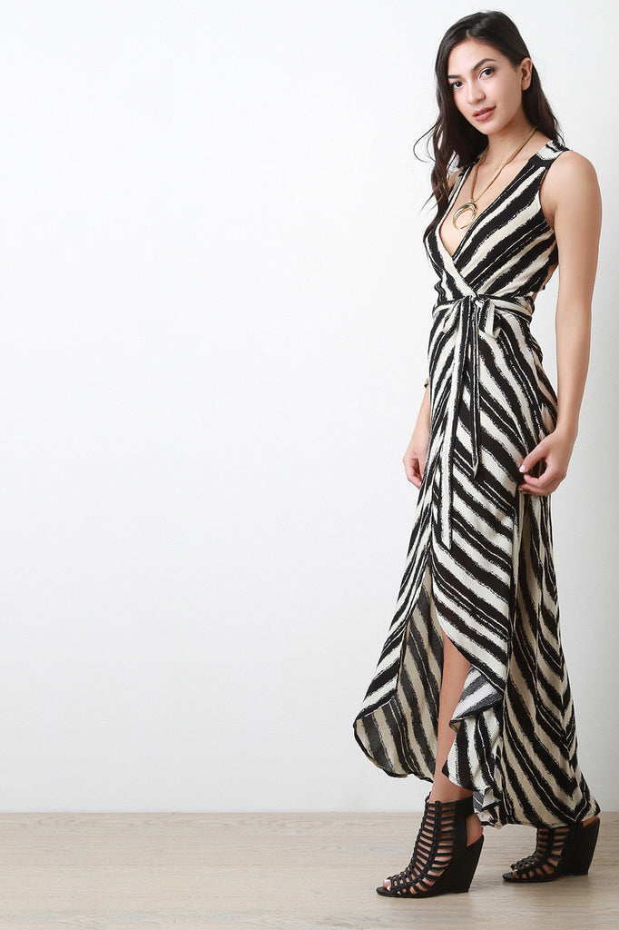 Striped Deep V Neck Wrap Dress