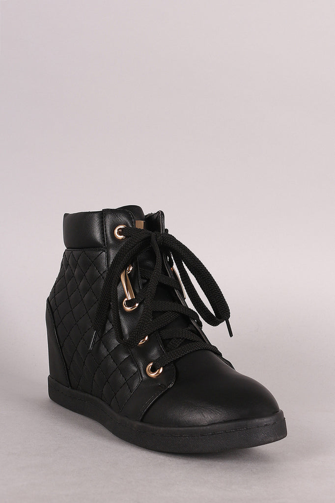 Zipper Quilted High Top Lace Up Wedge Sneaker