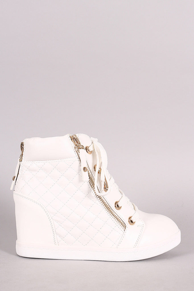 Zipper Quilted High Top Lace Up Wedge Sneaker