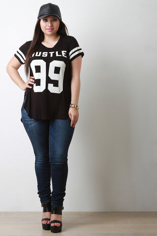 Hustle 99 Graphic Print Stripe Sleeve Tee