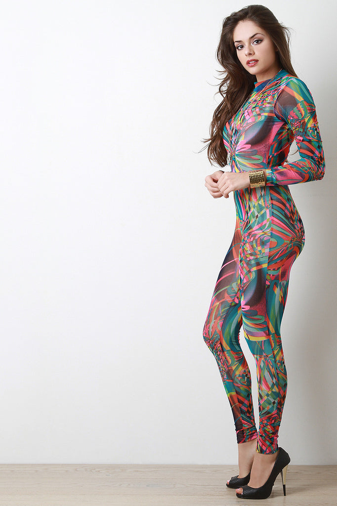 Semi-Sheer Abstract Print Mesh Jumpsuit