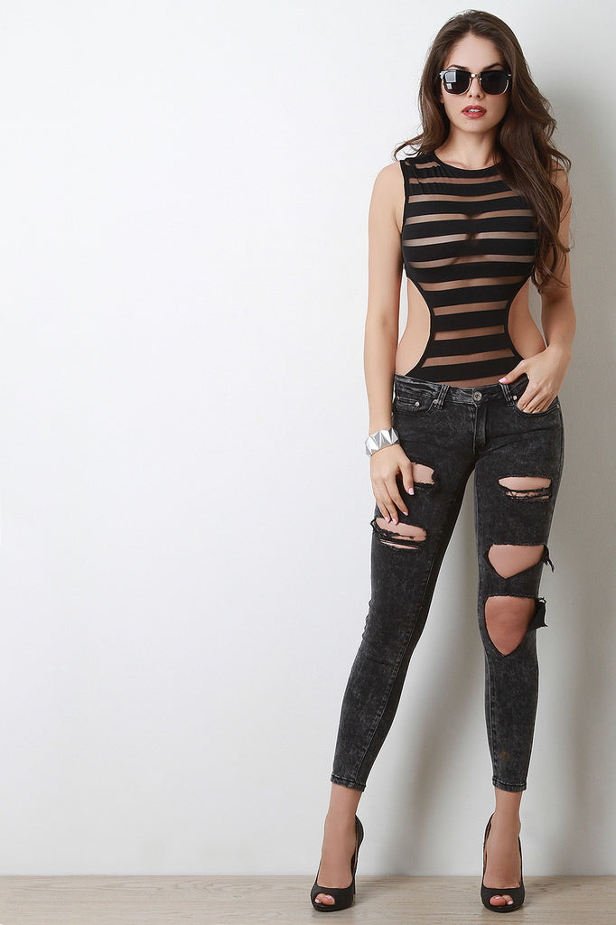 Semi-Sheer Stripe Mesh Back Cutout Bodysuit