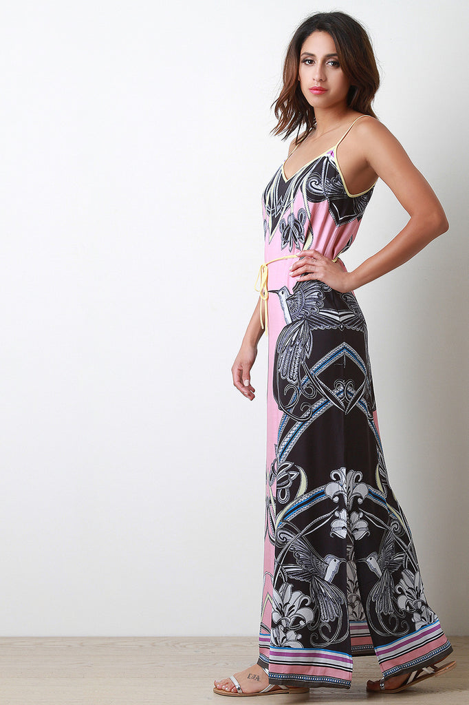 Floral Humming Bird Mirrored Print Maxi Dress