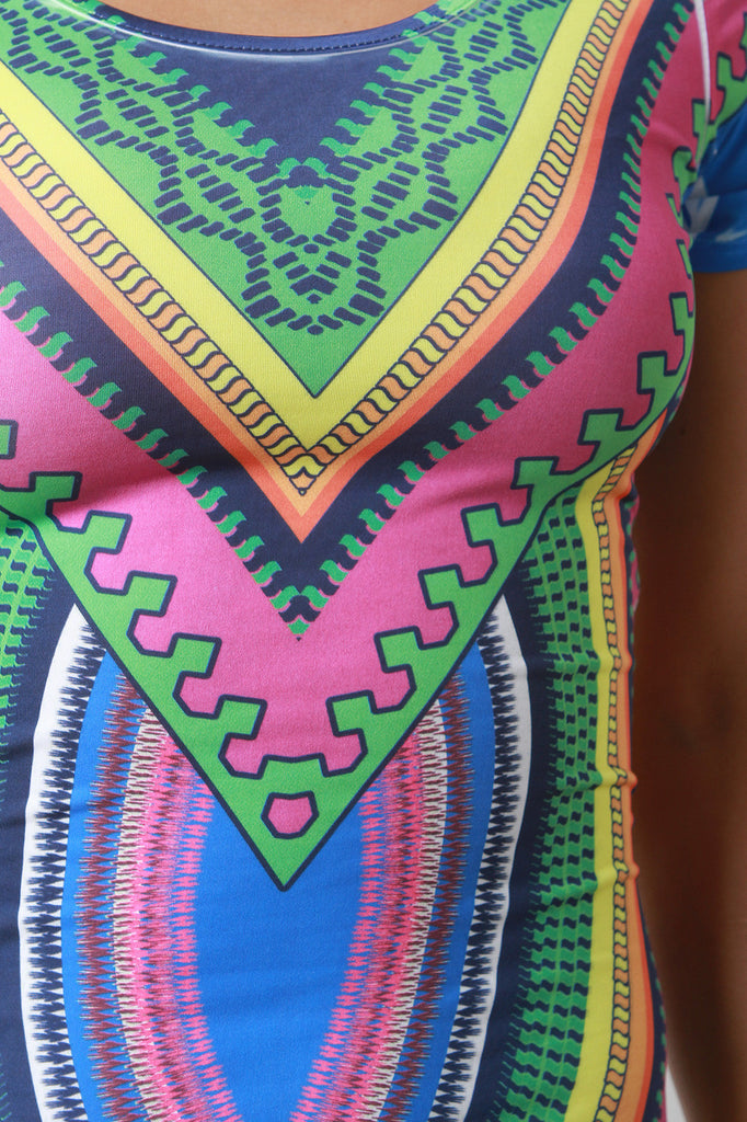 Vibrant Tribal Print Short Sleeves Bodycon Midi Dress