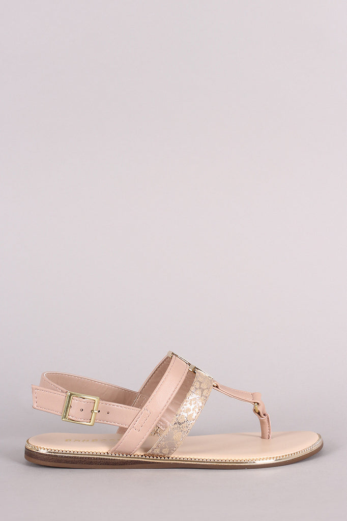 Bamboo Hologram Snake Metallic Trim T-Strap Flat Sandal