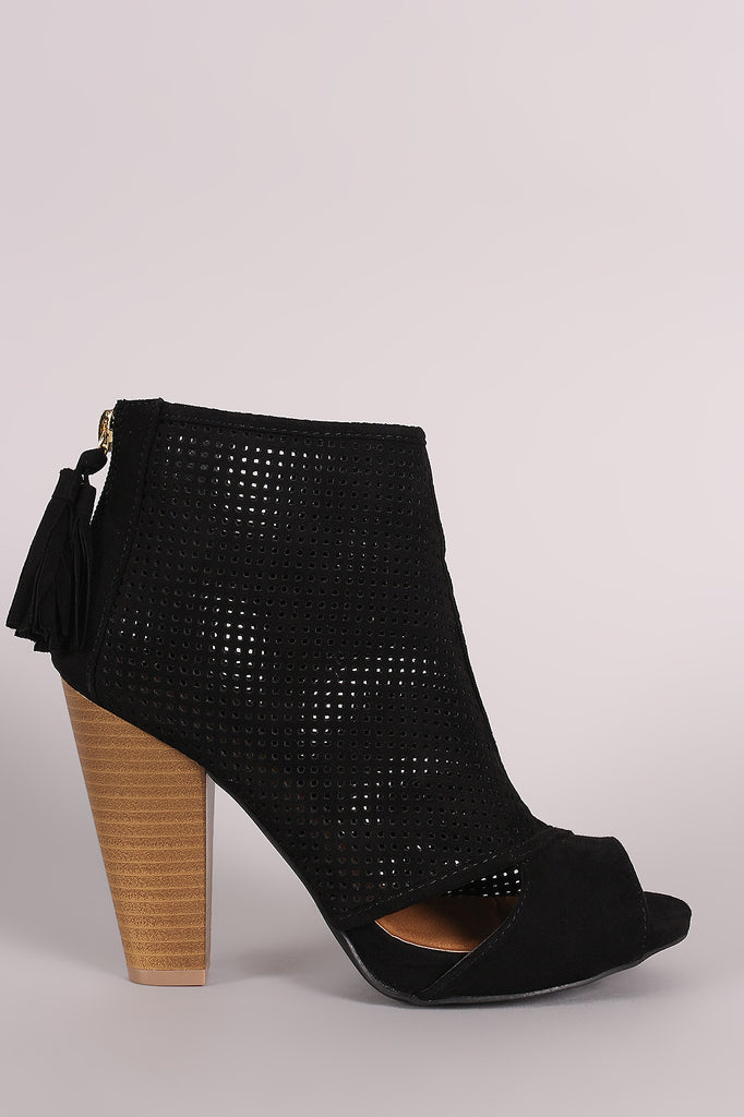 Qupid Perforated Cutout Chunky Heeled Ankle Boots