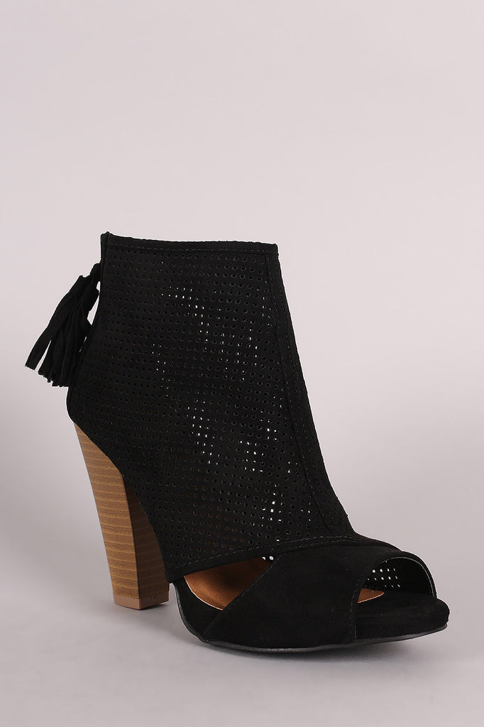 Qupid Perforated Cutout Chunky Heeled Ankle Boots