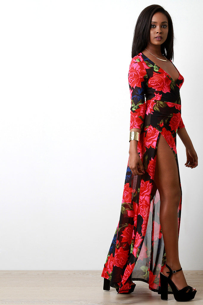 Semi-Sheer Roses Deep V High Slit Maxi Dress