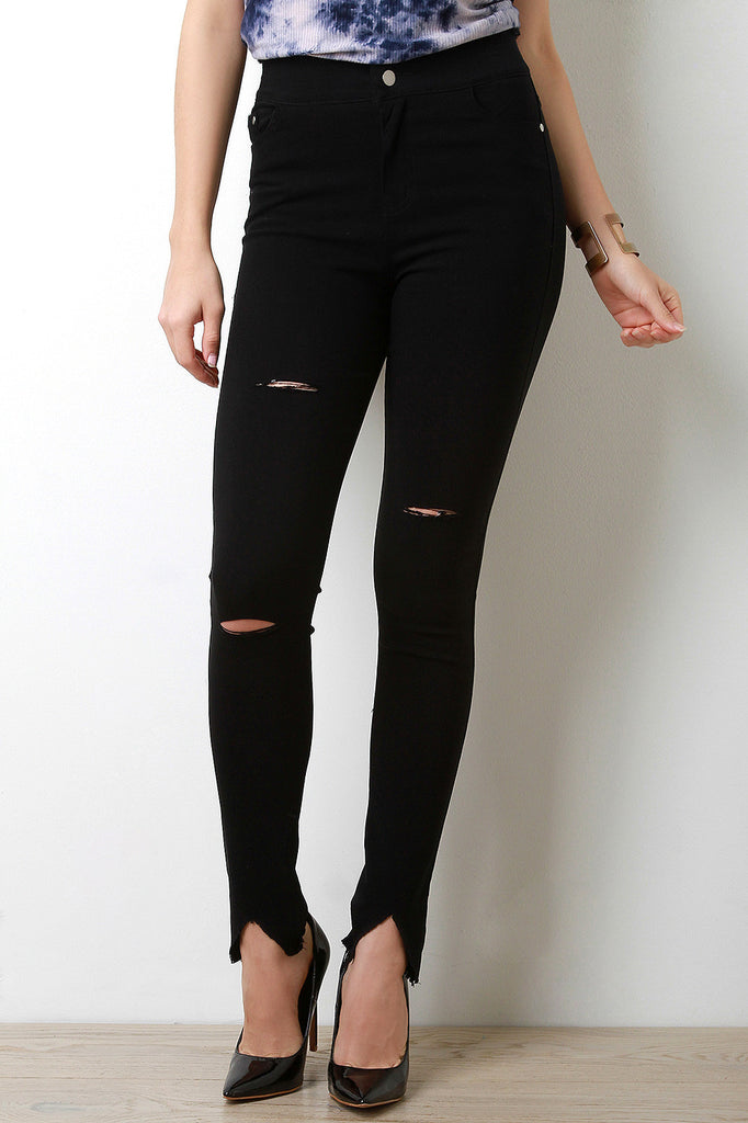 Frayed Waist V-Cut Slit Skinny Pants