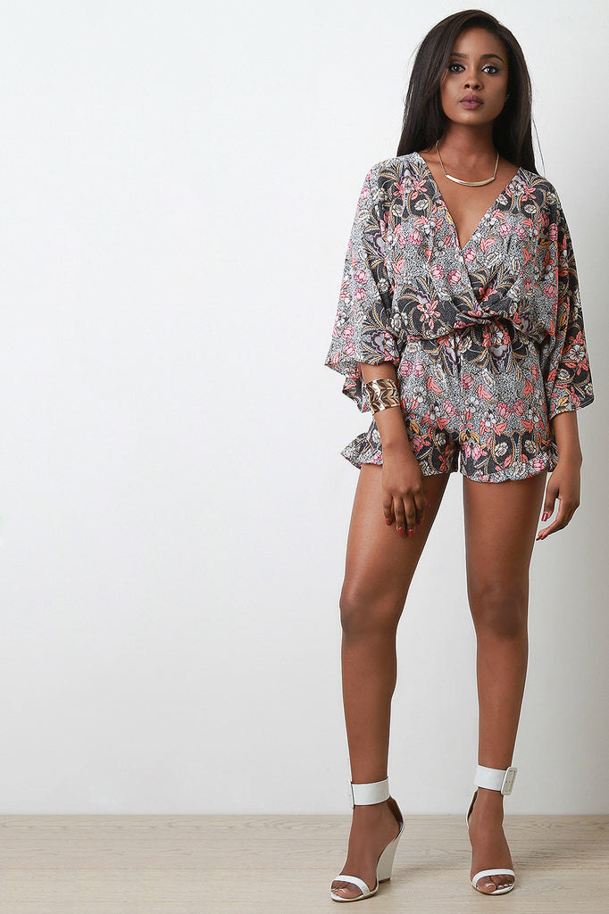 Floral Surplice Dolman Sleeve Ruffle-Hem Romper