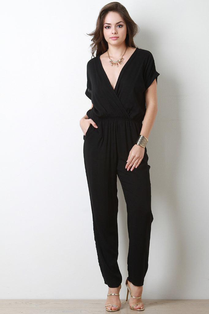 Solid Surplice Short Sleeve Jumpsuit