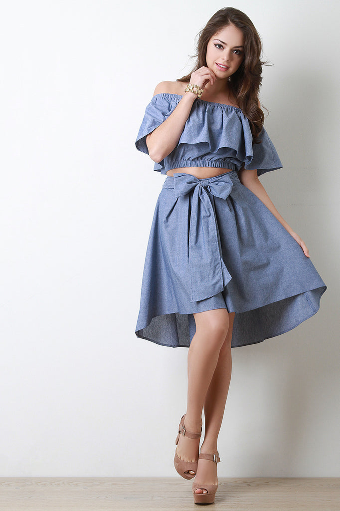 Chambray Tiered Ruffle Crop Top