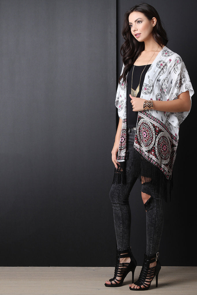 Floral Paisley Fringe Hem Kimono