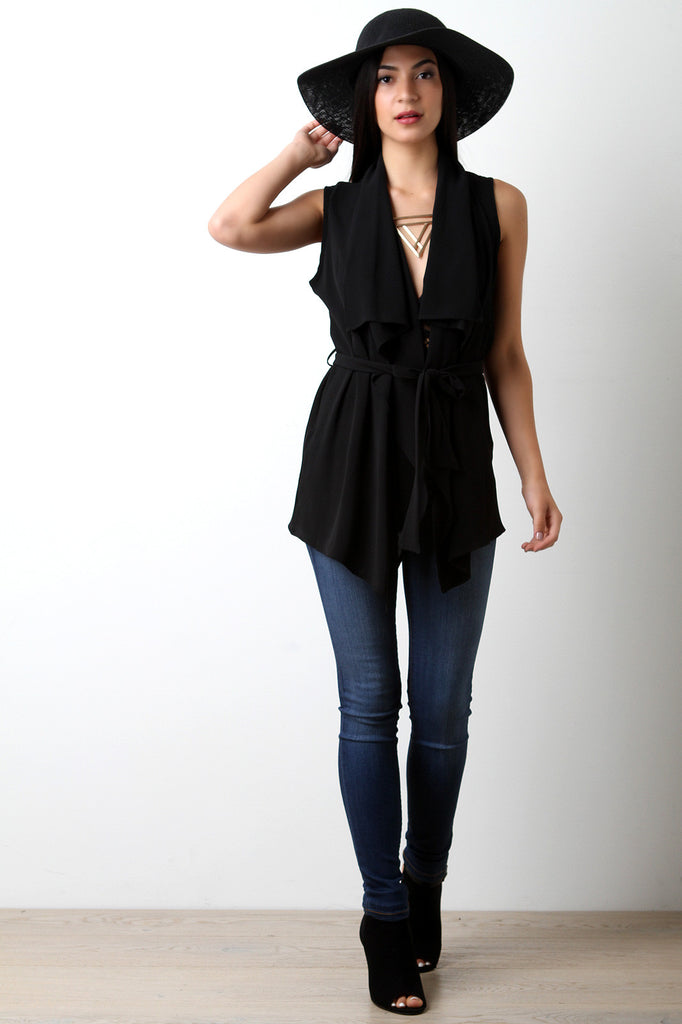 Textured Open Front Belted Wide Collar Vest