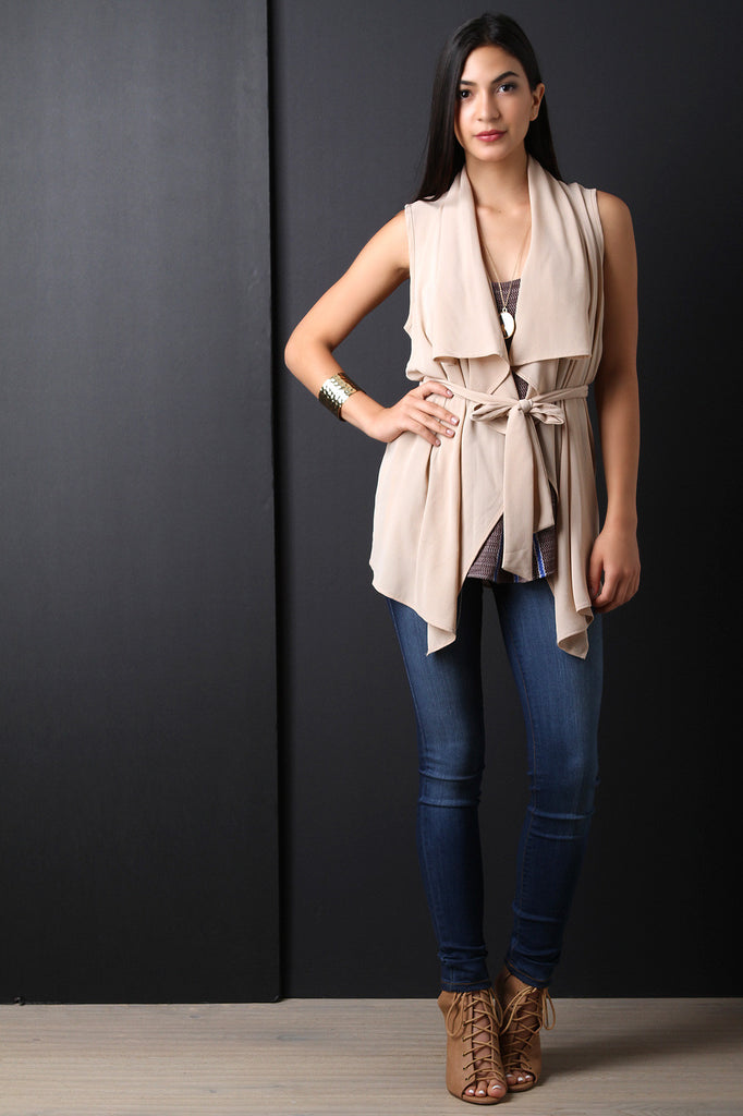 Textured Open Front Belted Wide Collar Vest