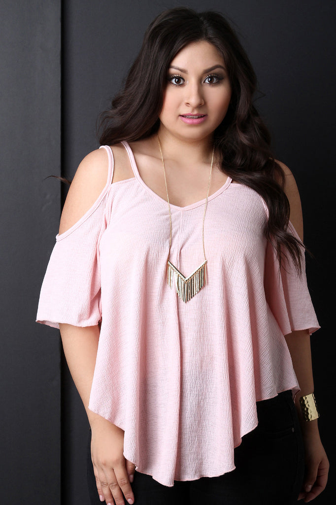 Texture Woven Cold Shoulder Ruffle Top