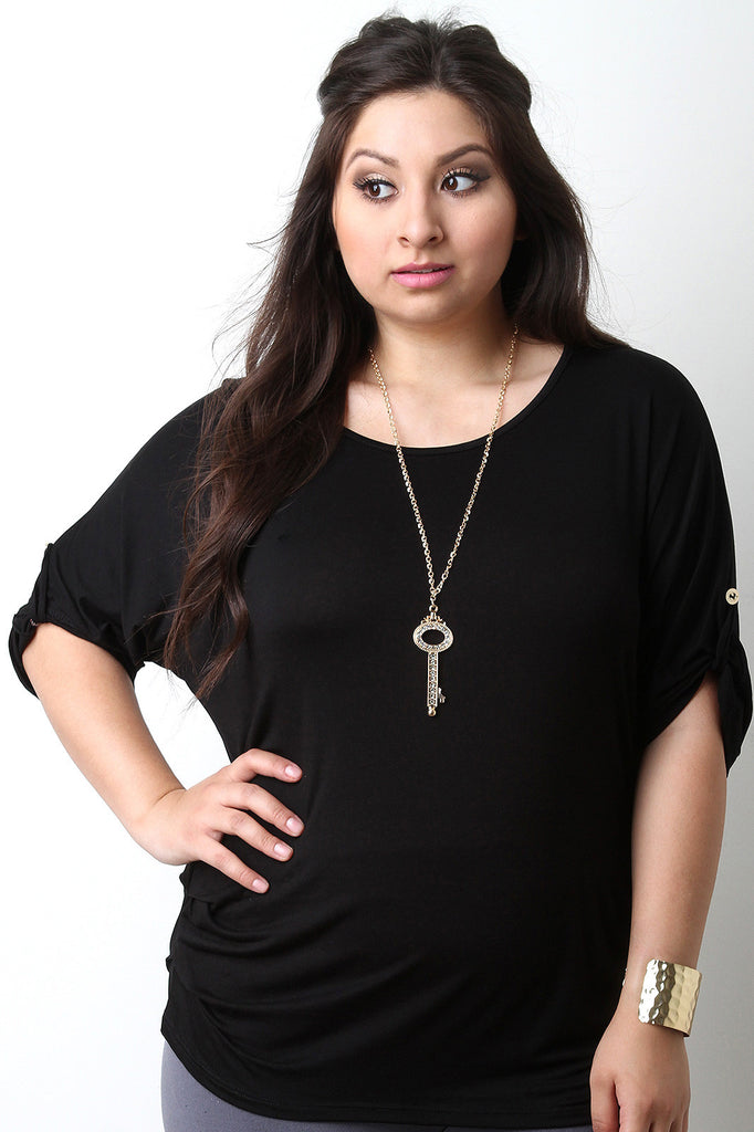 Solid Dolman Sleeve Button Tab Necklace Top