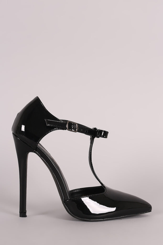 Patent Bow T-Strap Pointy Toe Stiletto Pump