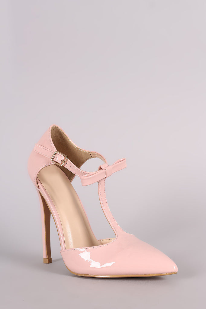 Patent Bow T-Strap Pointy Toe Stiletto Pump