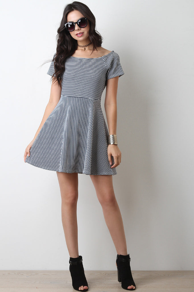 Textured Stripe Short Sleeve Skater Dress