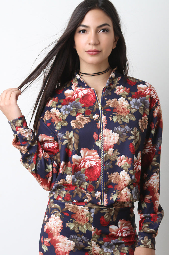 Floral Print Long Sleeve Zip-Up Jacket