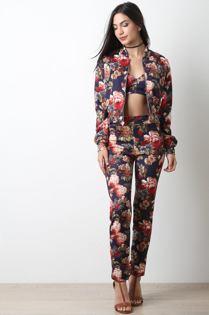 Floral Print Long Sleeve Zip-Up Jacket