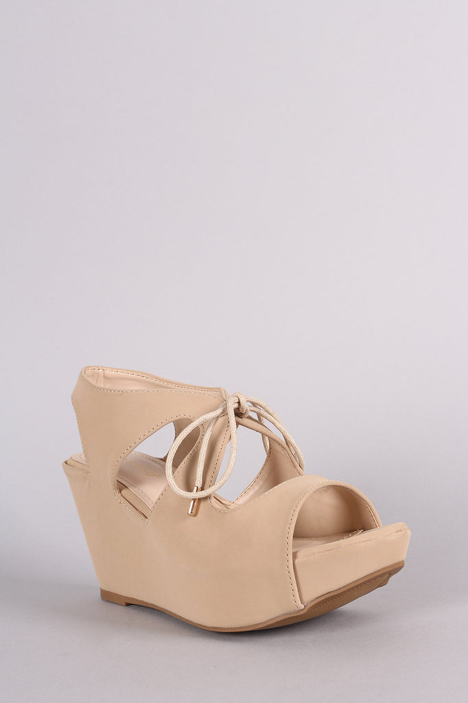 Bamboo Nubuck Cutout Lace-Up Platform Wedge