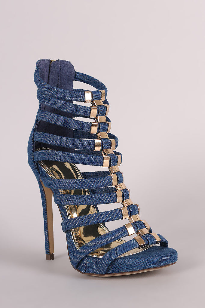 Liliana Denim Hardware Accent Strappy Stiletto Heel