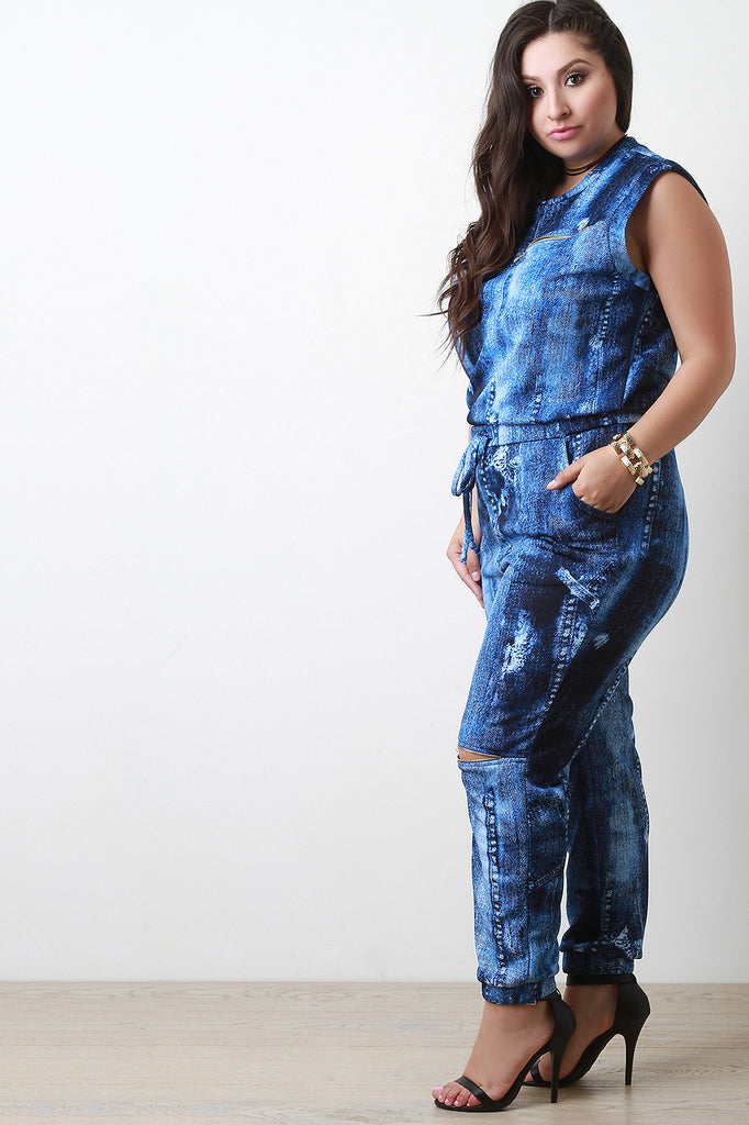 Denim Print Sleeveless Jumpsuit