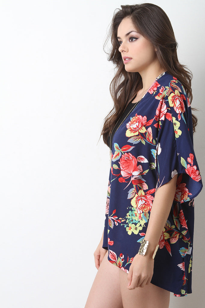 Open Side Floral Print Kimono