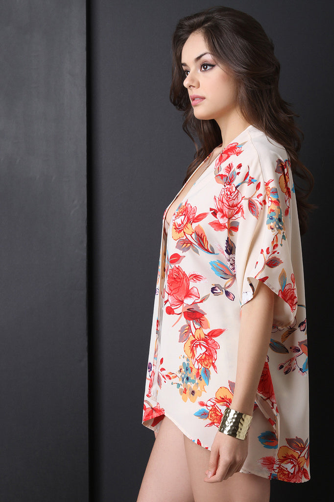 Open Side Floral Print Kimono