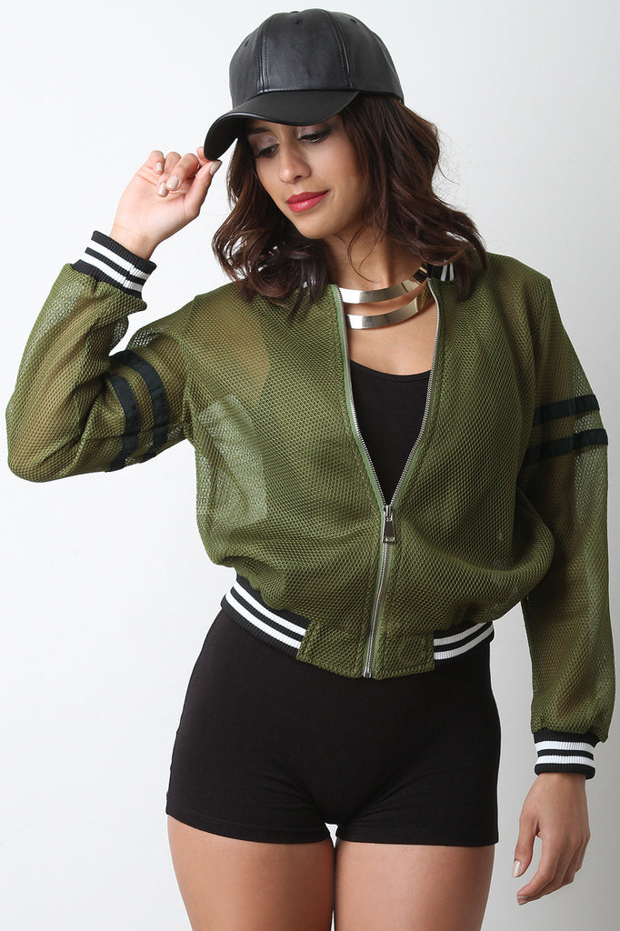 Honeycomb Mesh Stripe Trim Bomber Jacket