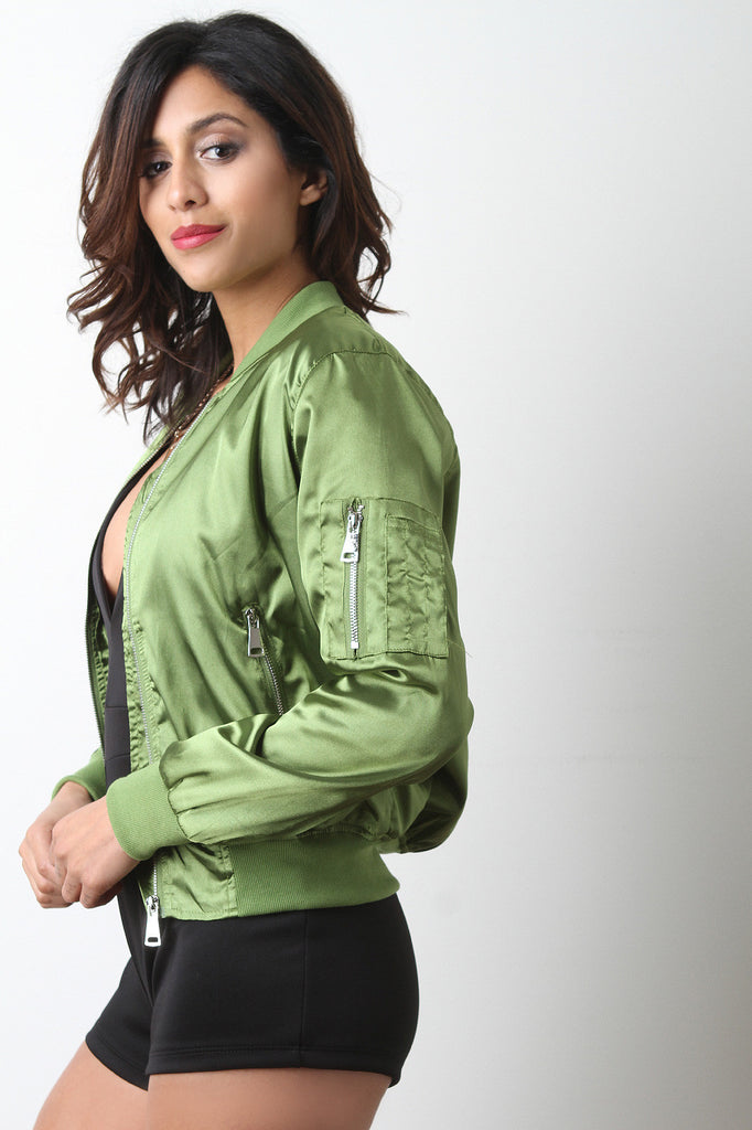 Glossy Charmeuse Zipper Bomber Jacket