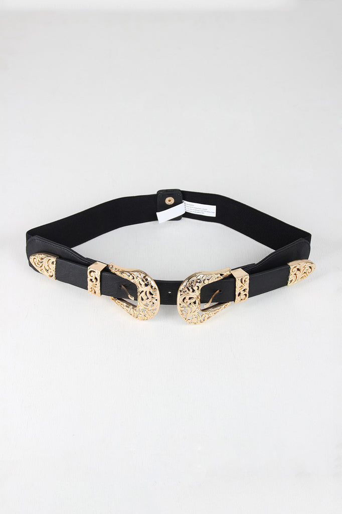 Double Buckle Etched Cutout Elastic Belt