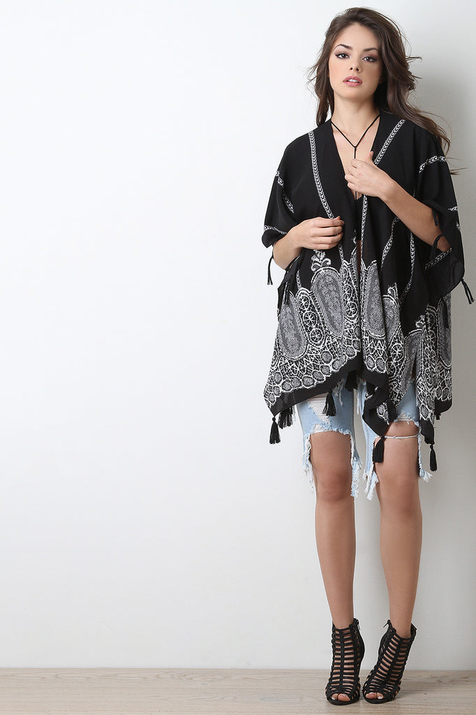 Tassel Trim Lace Print Scarf Cardigan