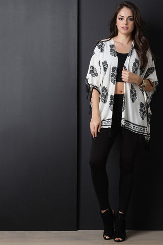 Printed Lace Motif Tassel Trim Kimono