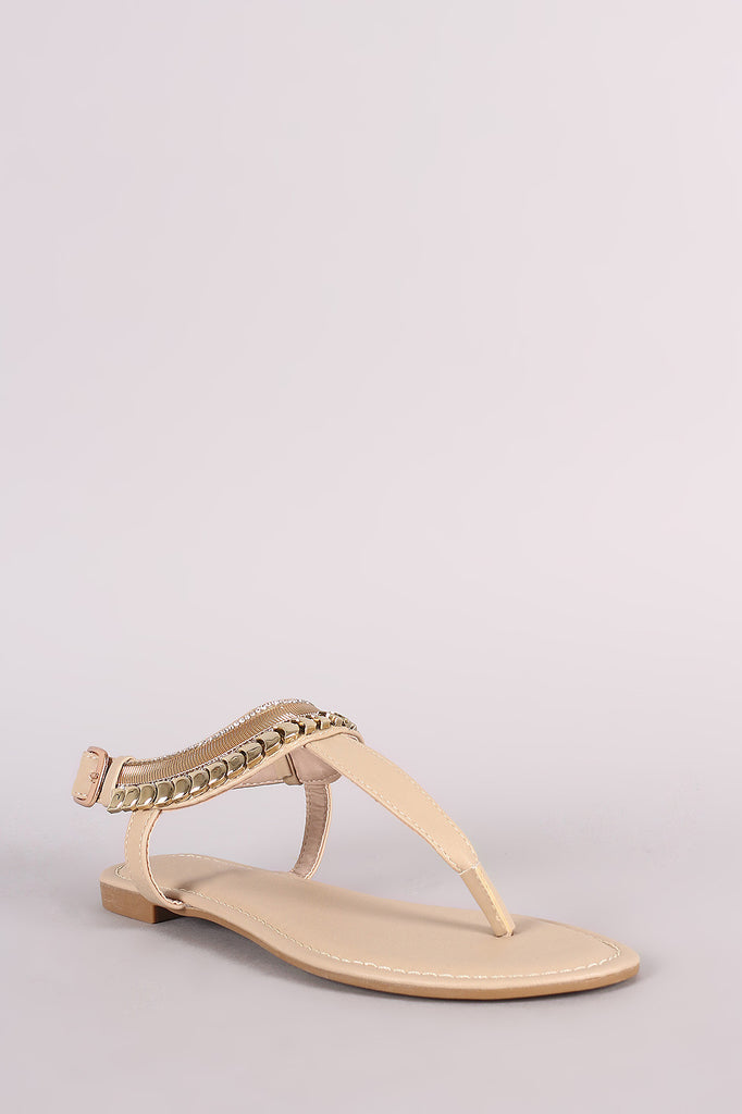 Bamboo Metallic Ornament T-Strap Flat Sandal