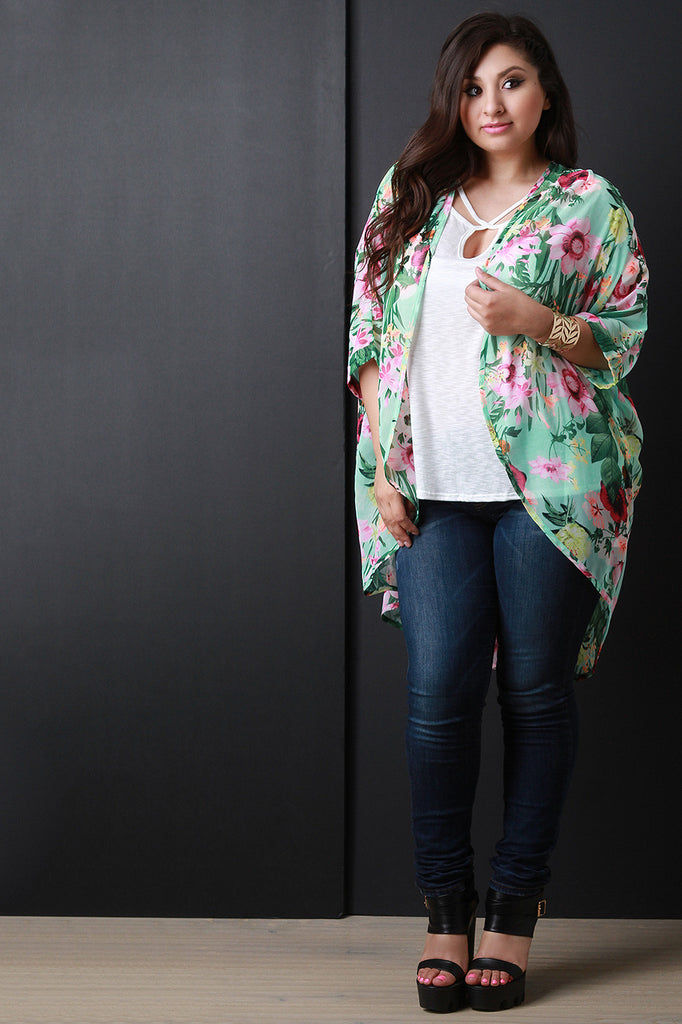 Floral Print Chiffon Cocoon Cardigan