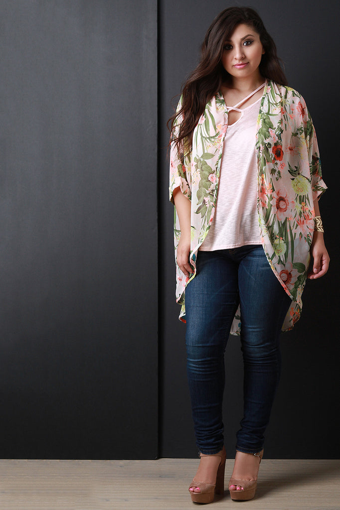 Floral Print Chiffon Cocoon Cardigan