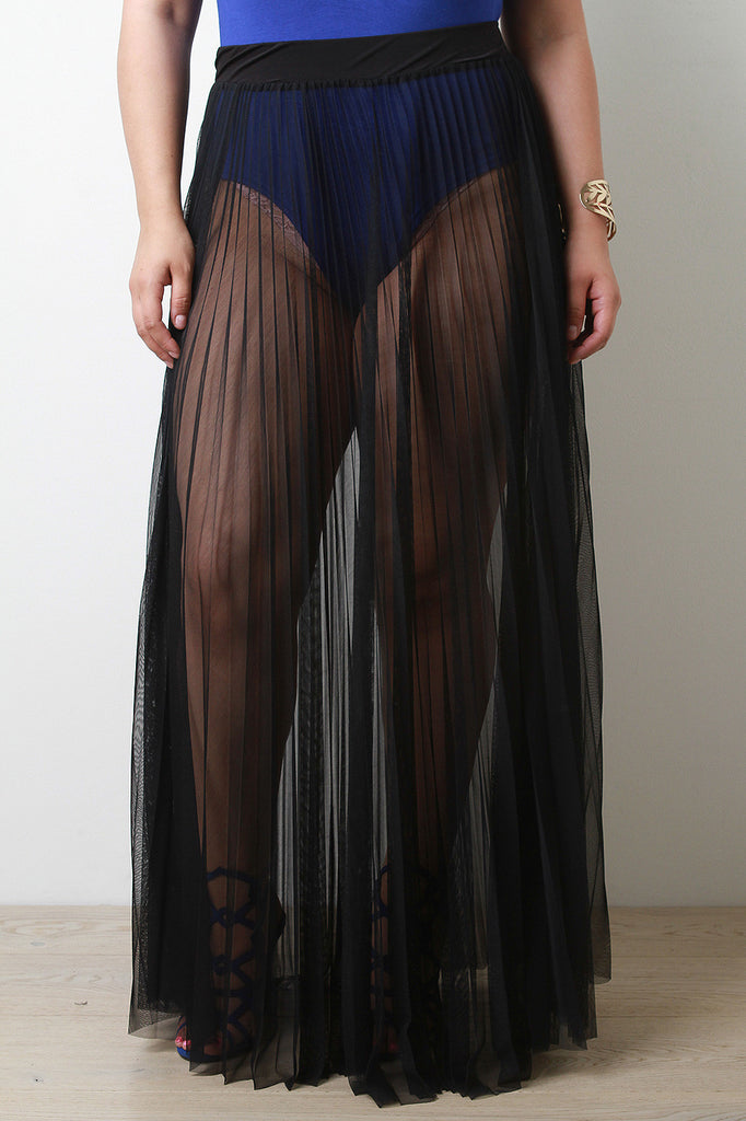 Sheer Mesh Tulle Pleated Maxi Skirt