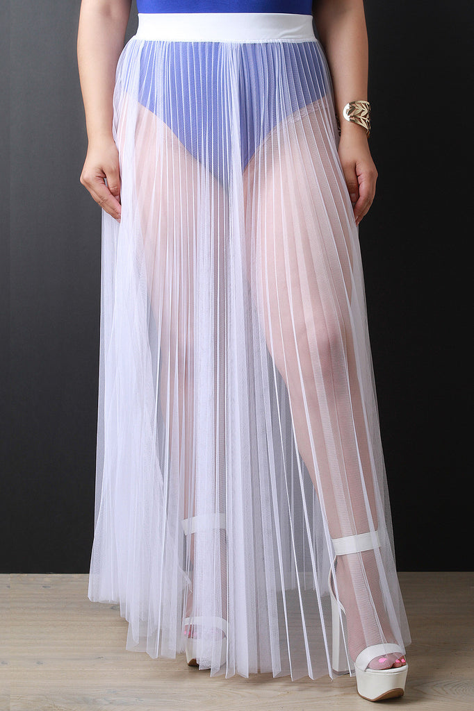 Sheer Mesh Tulle Pleated Maxi Skirt