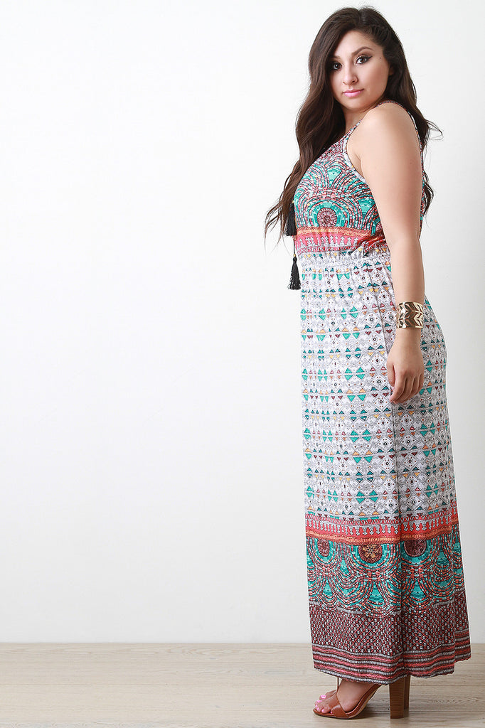 Patterned Print Cinched Waist Sleeveless Maxi Dress