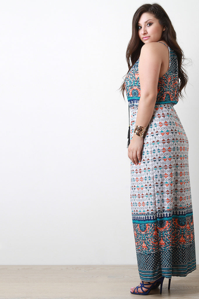 Patterned Print Cinched Waist Sleeveless Maxi Dress