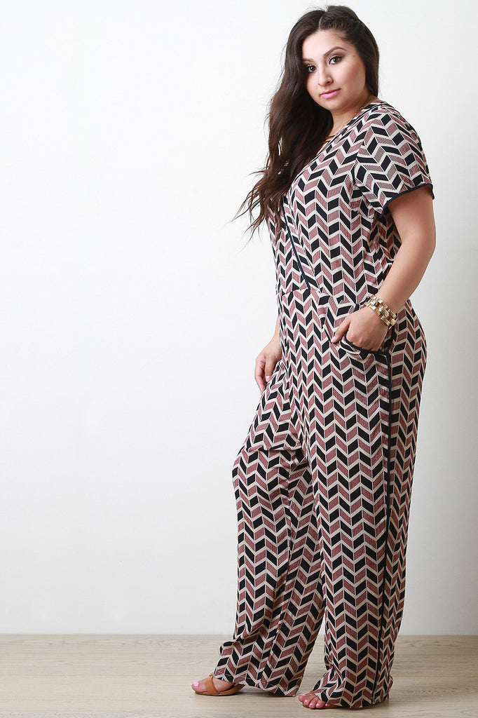 Woven Chevron Print Surplice Jumpsuit