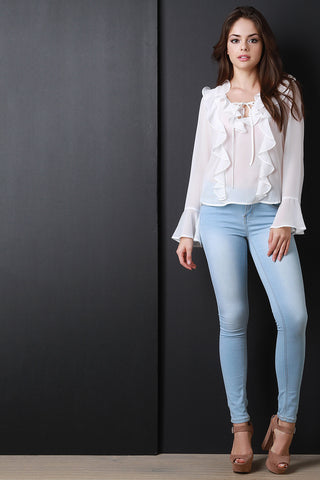 Chiffon Cascade Ruffle Long Sleeve Blouse Top