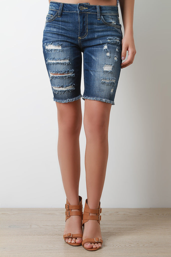 Distressed Frayed Hem Bermuda Denim Shorts