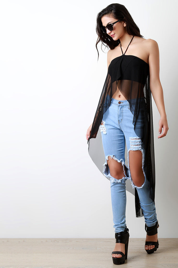 Mesh Overlay Halter Tube Maxi Top